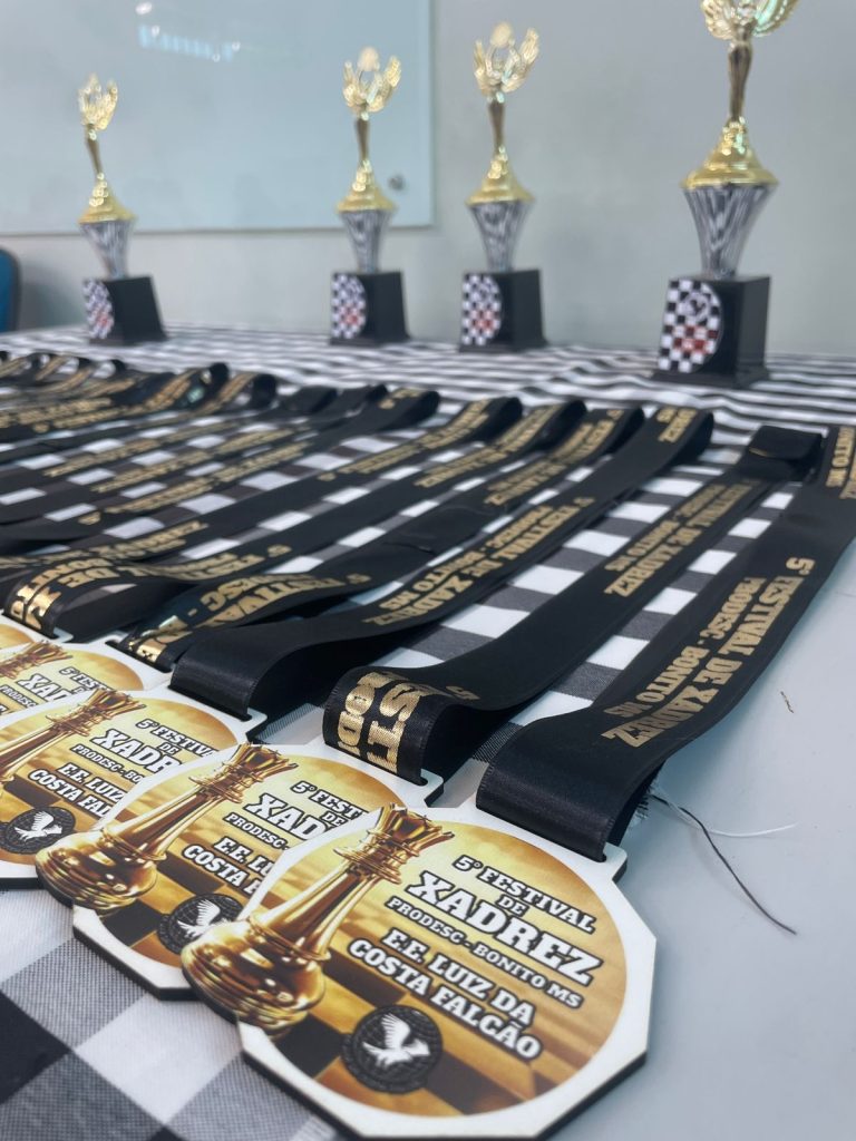 Imagem dos medalhas e trofeus do campeonato de xadrez.
